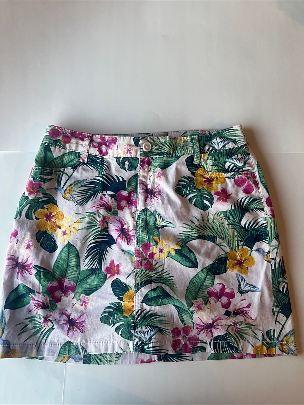 Tropical Floral Cotton Mini Skirt - White with Green & Pink